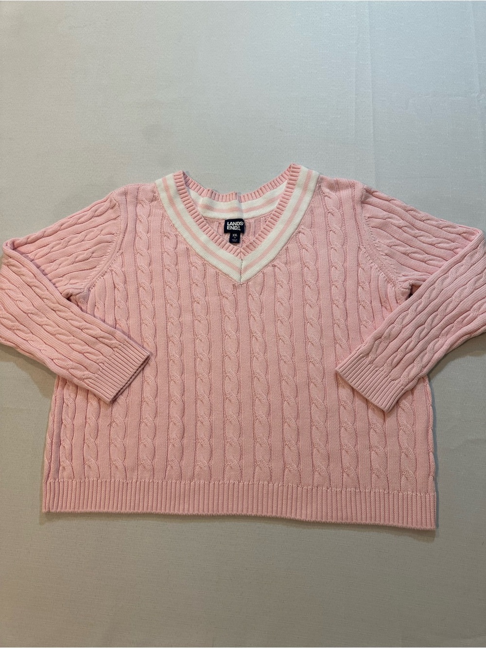 Lands’ End Pink Cable Knit V-Neck Sweater Women’s XXL 20 Cotton Preppy